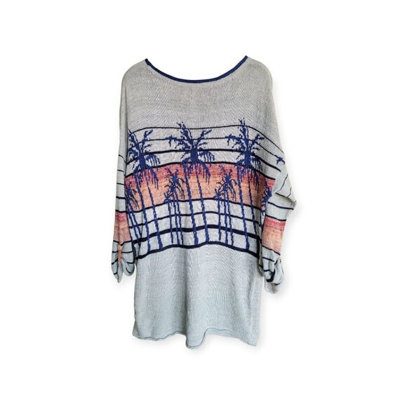 Free People Palm Tree Breeze Knit Ruched Sweater XS Pale Grey Blue Orange Top - Picture 8 of 16
